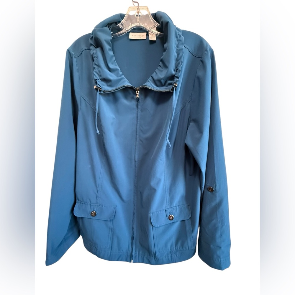 Chicos women’s full zip jacket long sleeves tabs to roll up ruffle around neck